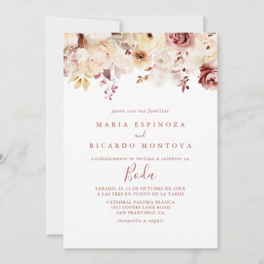 Kalligrafie sierlijke bloemenboda spaanse bruiloft kaart (Voorkant)