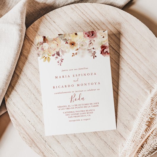 Kalligrafie sierlijke bloemenboda spaanse bruiloft kaart