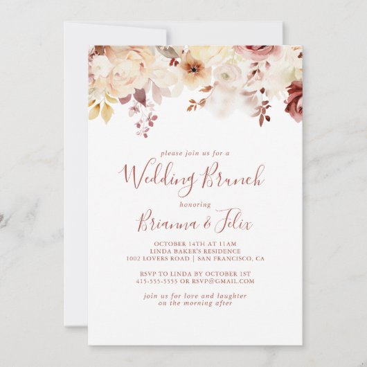 Kalligrafie sierlijke bloemenbruiloft brunch kaart (Voorkant)