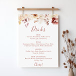 Kalligrafie sierlijke bloemenbruiloft Drinken Menu Poster<br><div class="desc">Deze kalligrafie sierlijke bloemenbruiloft drink menu teken is ideaal voor een rustieke bruiloft. Het ontwerp is voorzien van sierlijke waterverf witte,  bordeaux,  roze rozen en herfstbladeren.</div>