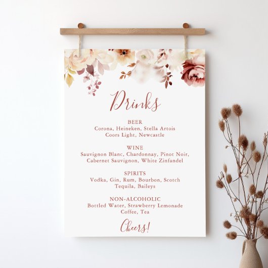Kalligrafie sierlijke bloemenbruiloft Drinken Menu Poster