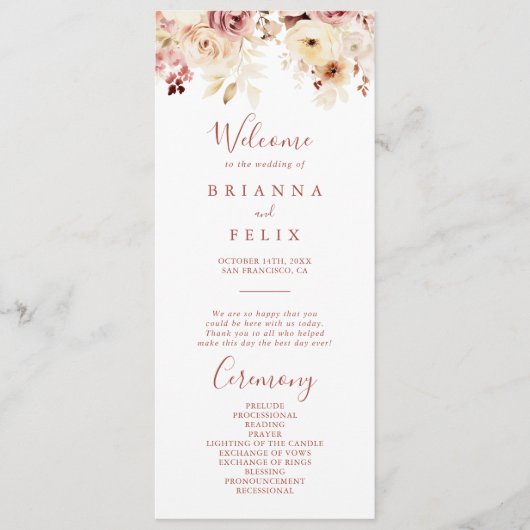 Kalligrafie sierlijke bloemenbruiloft programma programmakaart (Voorkant)