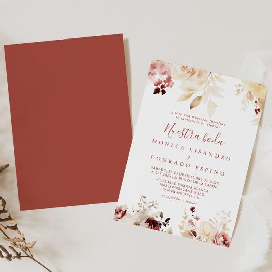 Kalligrafie sierlijke bloemennuestra boda bruiloft kaart