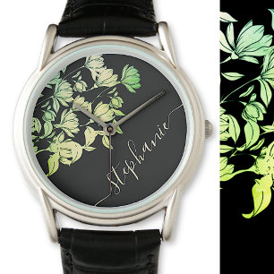 Kalligrafie Signature Elegant Bloemen Groen Zwart Horloge