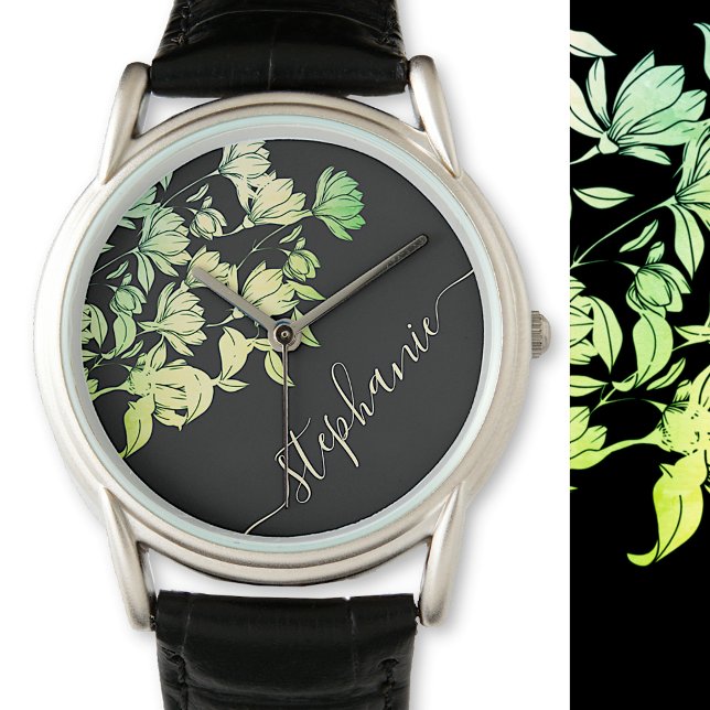 Kalligrafie Signature Elegant Bloemen Groen Zwart Horloge (Creator heeft geüpload)