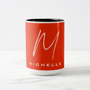 Kalligrafie stijlvol rood wit monogram jouw naam tweekleurige koffiemok