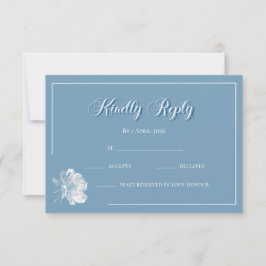 Kalligrafie Stofblauw Witte Bloem RSVP Trouwfeest Notitiekaartje