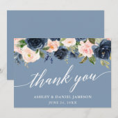 Kalligrafie Stoffig Blauw Roze Bloemen Bruiloft Bedankkaart (Voorkant / Achterkant)