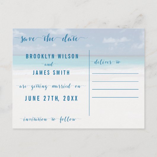 Kalligrafie Strand Thema Save The Dates Postkaarte Aankondigingskaart (Achterkant)