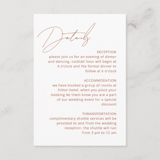 Kalligrafie Terracotta Details QR Code Huwelijk Informatiekaartje (Voorkant)