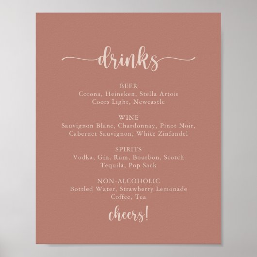 Kalligrafie Terracotta Trouw Dranken Menukaart Bor Poster (Voorkant)