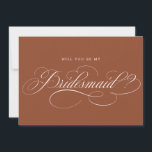 Kalligrafie Terracotta zal je mijn bruidsmeisje zi Kaart<br><div class="desc">Een tijdloze en elegante zal je mijn bruidsmeisje uitnodiging met verfijnde kalligrafie script op een klassieke achtergrond,  perfect voor een formele en verfijnde huwelijksviering. Voor maatwerk of extra producten met dit ontwerp,  neem dan gerust contact met mij op.</div>