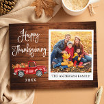 Kalligrafie Thanksgiving Truck Instant Photo Briefkaart<br><div class="desc">Modern Fun Calligraphy Script. Gelukkig Thanksgiving Instant Camera Style Briefkaart voor fotovakantie bevat Waterverf  Red Truck met pompoenen. Rustic Country Wood.</div>