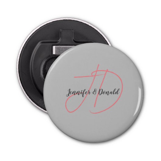 Kalligrafie trendy klassiek script monogram button flesopener (Voorkant)