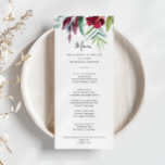 Kalligrafie Tropisch gekleurd bloemendiner Menu<br><div class="desc">Deze kalligrafie tropisch gekleurde floral diner menukaart is perfect voor een rustieke bruiloft. Dit betoverende handgeschilderde ontwerp heeft kostbare blos,  paarse bloemen en groen gebladerte netjes gerangschikt in elegante boeketten. Dit menu kan worden gebruikt voor een huwelijksreceptie,  repetitiediner,  vrijgezellenfeest of een evenement.</div>