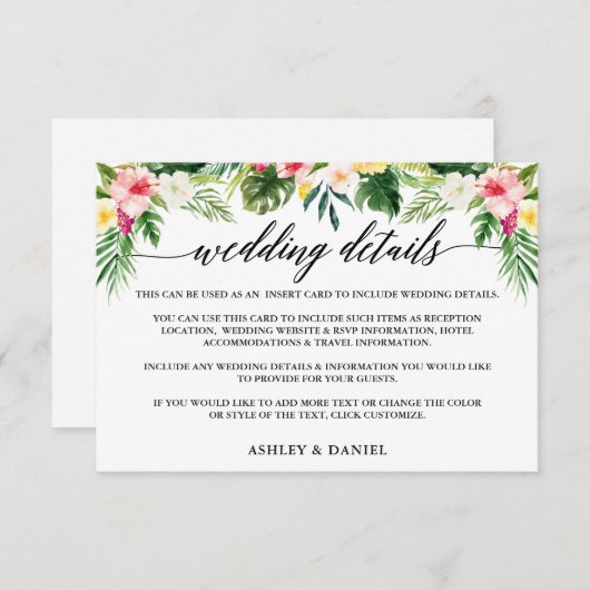 Kalligrafie Tropische Bloemen Bruiloft Details Informatiekaartje (Voorkant / Achterkant)