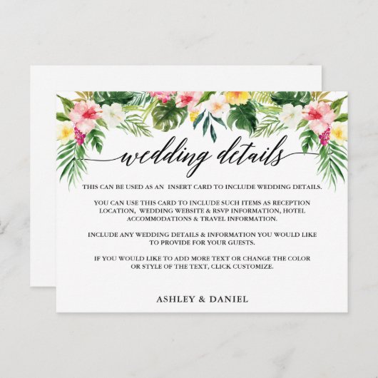 Kalligrafie Tropische Bloemen Bruiloft Details Kaa Uitnodiging Briefkaart (Voorkant / Achterkant)