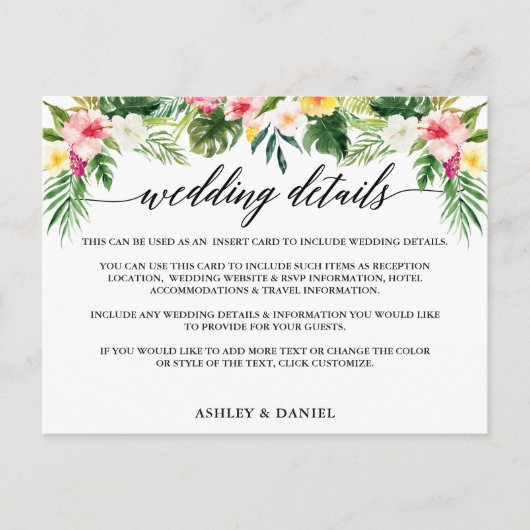 Kalligrafie Tropische Bloemen Bruiloft Details Kaa Uitnodiging Briefkaart (Voorkant)