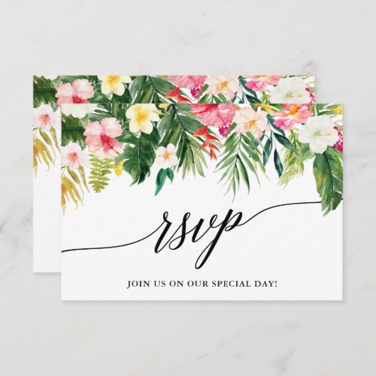 Kalligrafie Tropische Bloemen Bruiloft RSVP Kaart (Voorkant / Achterkant)