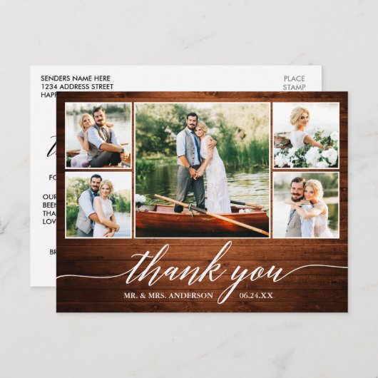 Kalligrafie Trouwdag Hout 5 Foto Dank Je Briefkaart (Voorkant / Achterkant)