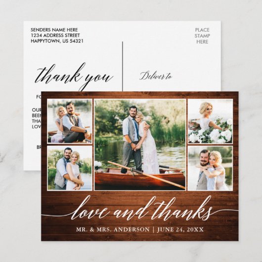 Kalligrafie Trouwdag Hout 5 Foto Liefde Dankjewel Briefkaart (Voorkant / Achterkant)