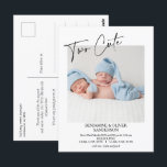 Kalligrafie Twee Schattigee tweeling geboorte beke Briefkaart<br><div class="desc">Twee Schattigee Twins Birth Announcement Briefkaart Moderne enkele foto op het voorste briefkaart met een moderne kalligrafie met twee schattige en zwarte tekst. Het ouderbericht verschijnt op de achterkant. Dit moderne briefkaart voor geboorteaankondiging is een lieve manier om de geboorte van je pasgeboren tweelingbaby's aan te kondigen.</div>