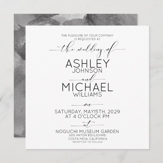 KALLIGRAFIE TYPOGRAFIE Zwart Wit Vierkant Huwelijk Kaart (Voorkant / Achterkant)