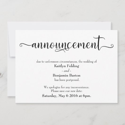 Kalligrafie Uitgestelde Trouwdatum Aankondiging (Voorkant)