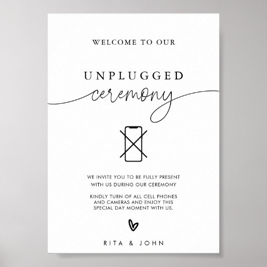 Kalligrafie Unplugged Ceremonie Trouwbord Poster (Voorkant)