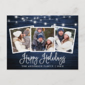 Kalligrafie Vakantie Blauw Hout String Lights Foto Briefkaart (Voorkant)