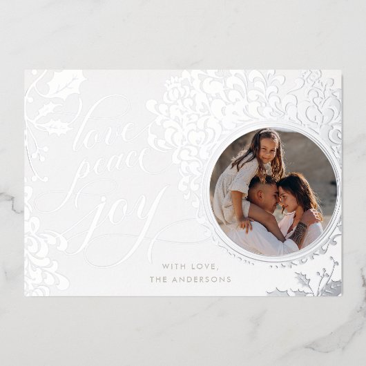 Kalligrafie van liefde, vreugde, vrede 1 foto folie feestdagenkaart (Voorkant)