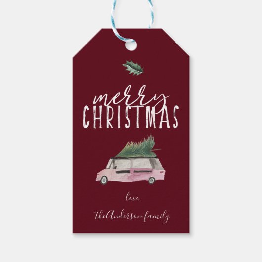 Kalligrafie Vrolijk Kerstbusje & boom hulst rood Cadeaulabel (Voorkant)