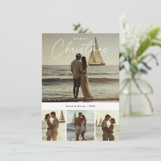 Kalligrafie Vrolijk Kerstfeest Nautische Foto Feestdagenkaart (Staand voorkant)
