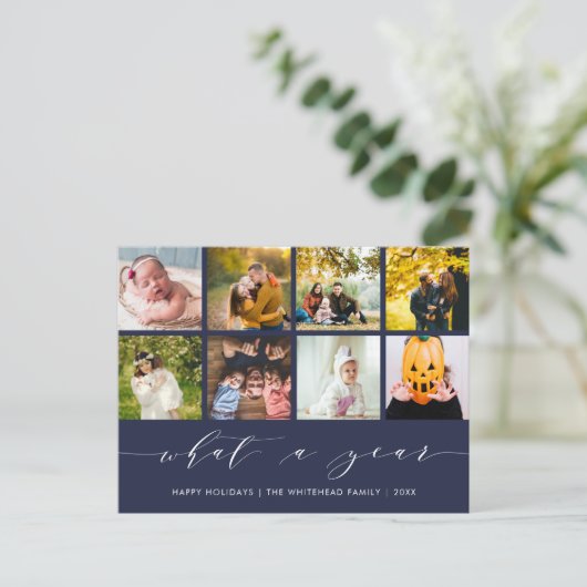 Kalligrafie Wat een jaar marine blauw fotocollage Feestdagenkaart (Staand voorkant)