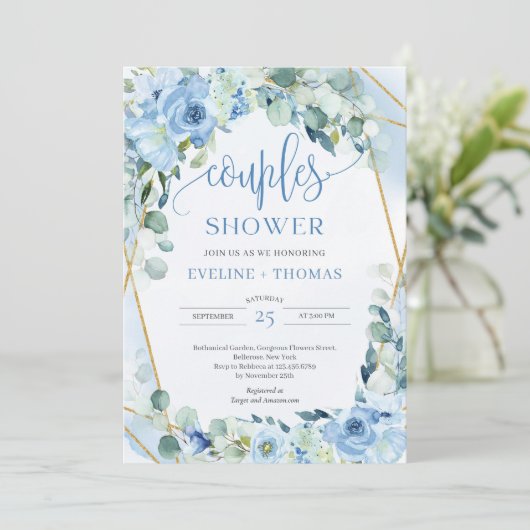 Kalligrafie waterverf blauw bloemenkoppels douchen kaart (Staand voorkant)