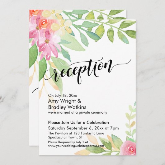 Kalligrafie Waterverf Bloemen Trouwreceptie Kaart (Voorkant / Achterkant)