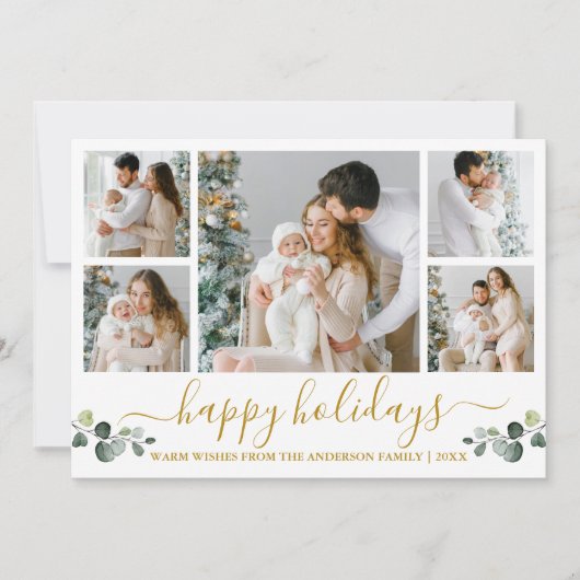 Kalligrafie Waterverf Eucalyptus 5 Foto Goud Feestdagenkaart (Voorkant)