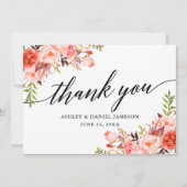 Kalligrafie Waterverf koraal bloemenbruiloft Bedankkaart (Voorkant)