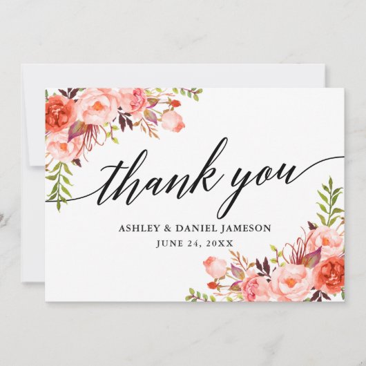 Kalligrafie Waterverf koraal bloemenbruiloft Bedankkaart (Voorkant)