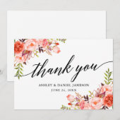 Kalligrafie Waterverf koraal bloemenbruiloft Bedankkaart (Voorkant / Achterkant)