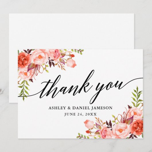 Kalligrafie Waterverf koraal bloemenbruiloft Bedankkaart (Voorkant / Achterkant)