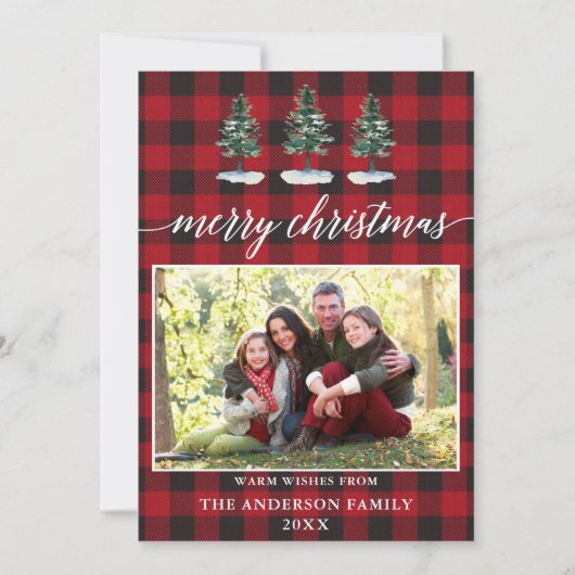 Kalligrafie Waterverf Pines Plaid Foto Kerstmis Feestdagenkaart (Voorkant)