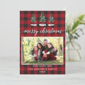 Kalligrafie Waterverf Pines Plaid Foto Kerstmis Feestdagenkaart (Staand voorkant)