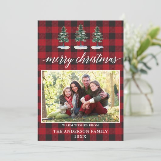 Kalligrafie Waterverf Pines Plaid Foto Kerstmis Feestdagenkaart (Staand voorkant)