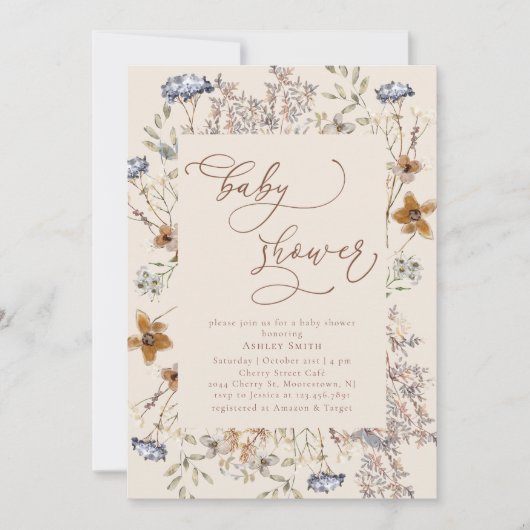 Kalligrafie Waterverf Wildflower Baby shower Kaart (Voorkant)