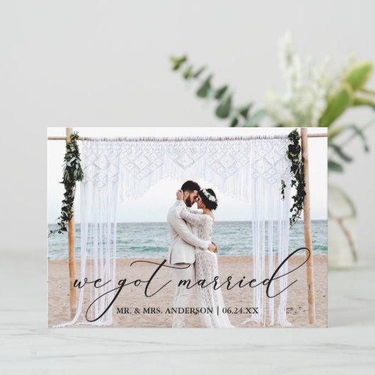 Kalligrafie We Got Married Foto bruiloft Kaart (Staand voorkant)