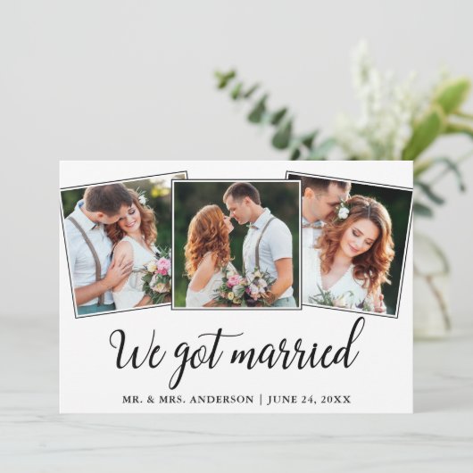 Kalligrafie We zijn getrouwd 3 foto bruiloft Kaart (Staand voorkant)