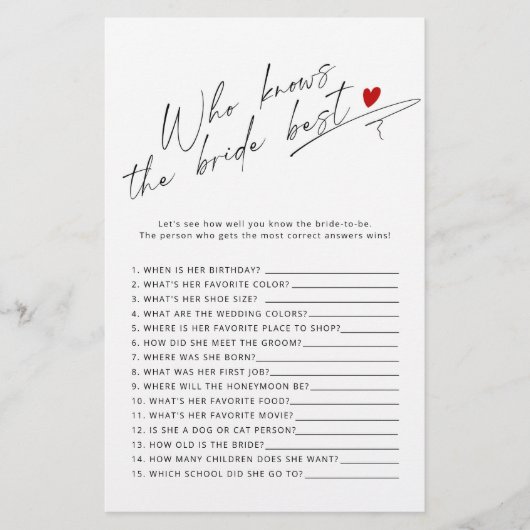 Kalligrafie Wie kent de bruid beste bruids spel (Voorkant)