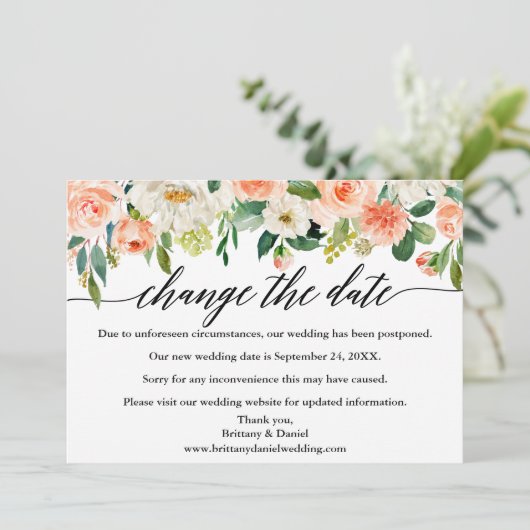 Kalligrafie Wijzig de datum Koraal Bloemkaart Save The Date (Staand voorkant)