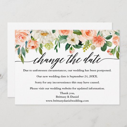 Kalligrafie Wijzig de datum Koraal Bloemkaart Save The Date (Voorkant / Achterkant)